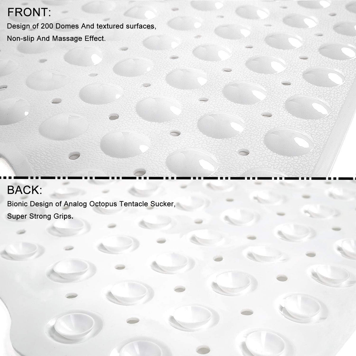 TEESHLY Bath Tub and Shower Mats, Non-Slip 39 x 16 Inch Extra Long Bathtub Mat, Machine Washable BathMat with Drain Holes, Suction Cups for Bathroom (Opaque White)