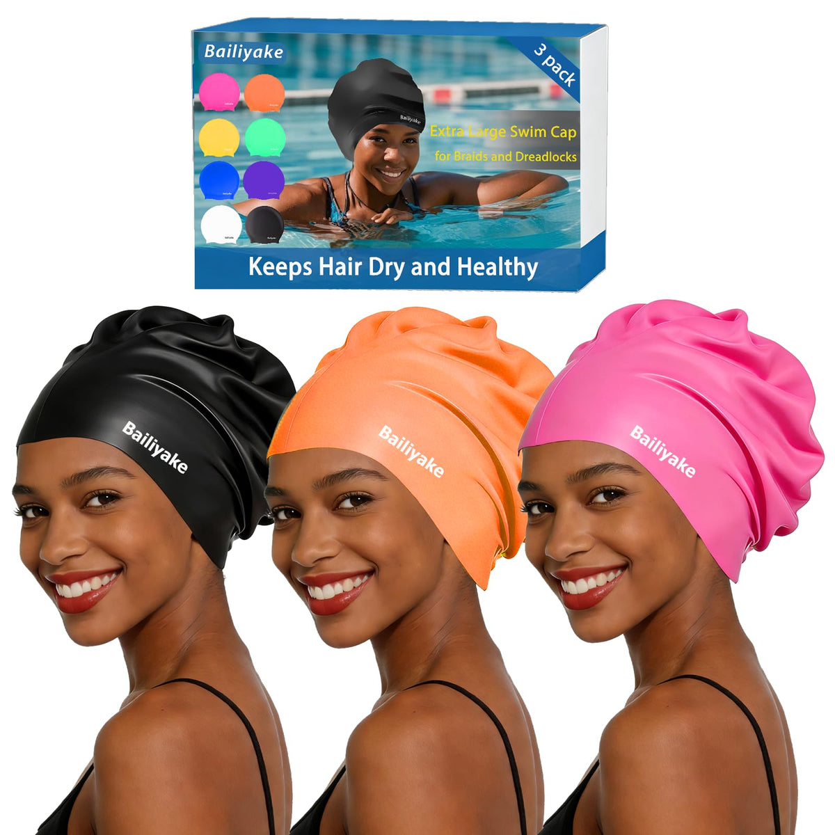 3 Pack Extra Large Swim Cap for Braids & Dreadlocks - Waterproof Silicone Swim Hat for Women with Long Thick Hair, Protective Swim Cap Cover Ears for Swimming, Shower, Bathing