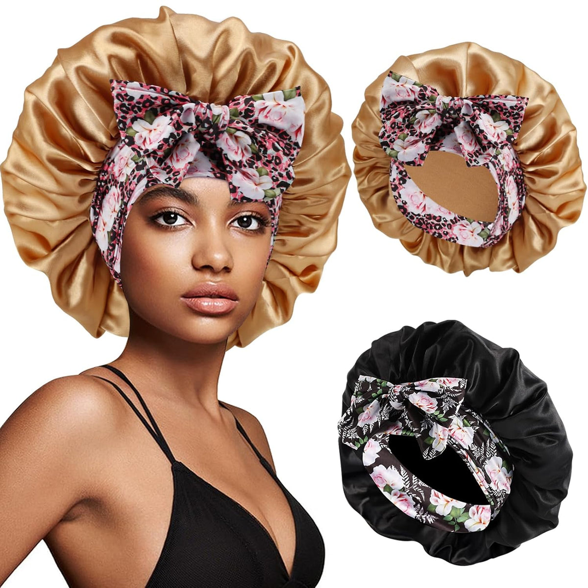 2Pcs Satin Bonnet with Tie Band for Sleeping, Champagne Gold+Black