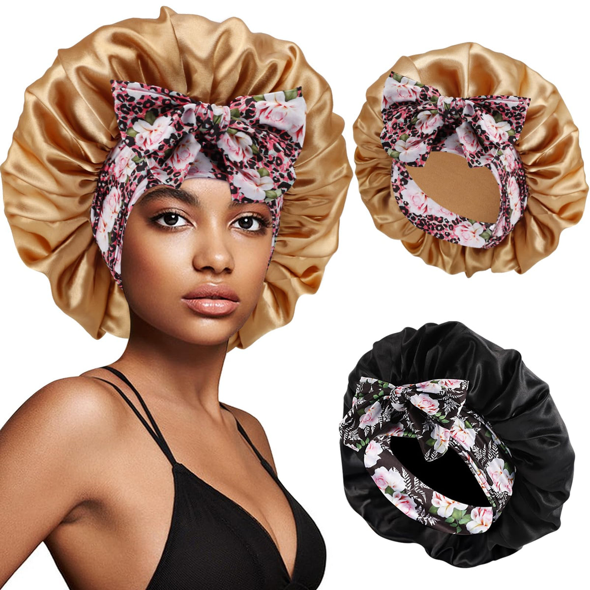 2Pcs Satin Bonnet with Tie Band for Sleeping, Champagne Gold+Black