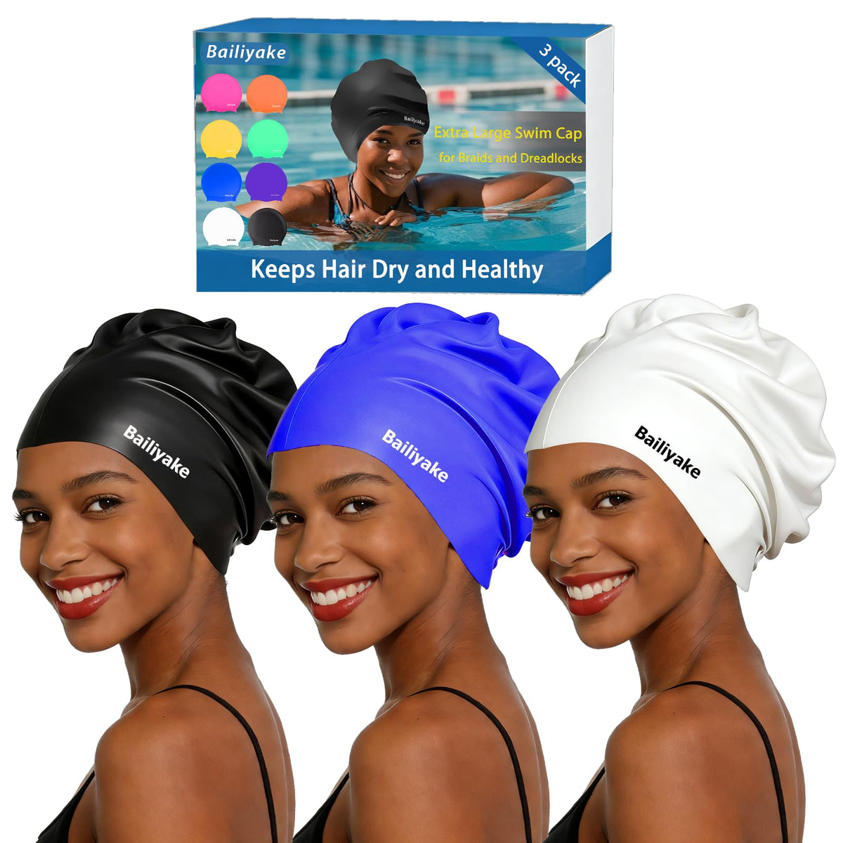 3 Pack Extra Large Swim Cap for Braids & Dreadlocks - Waterproof Silicone Swim Hat for Women with Long Thick Hair, Protective Swim Cap Cover Ears for Swimming, Shower, Bathing