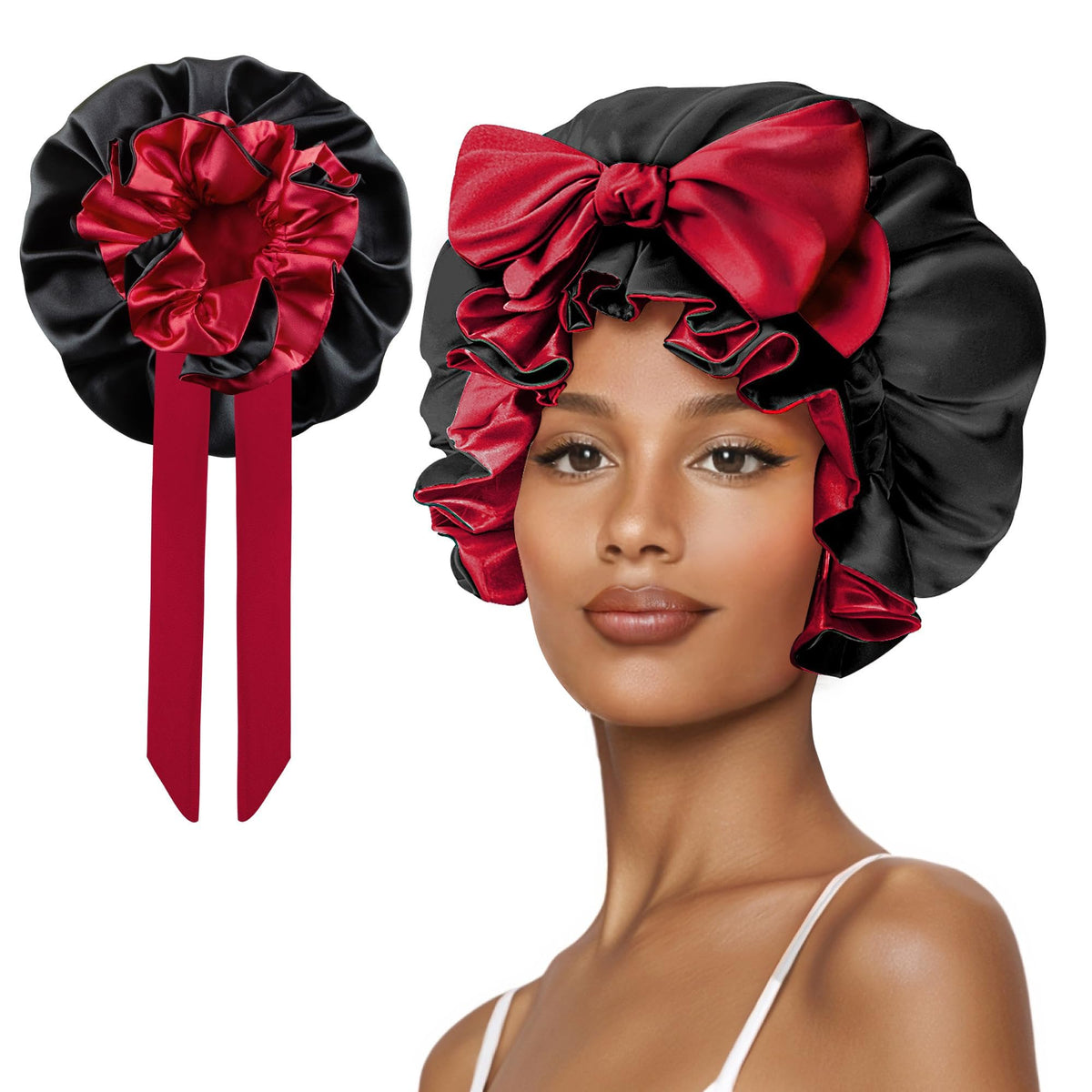 Silk Bonnet for Sleeping Women, Satin Hair Shower Cap 2025 Tie Band Adjustable Straps Head Wrap for Curly Hair Strawberries F