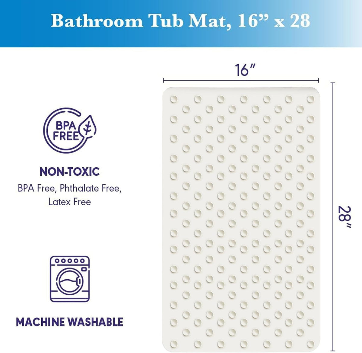 Epica Bathtub Mat Non Slip, Rubber Bath Mat for Kids, Baby, Pet, 16 x 28