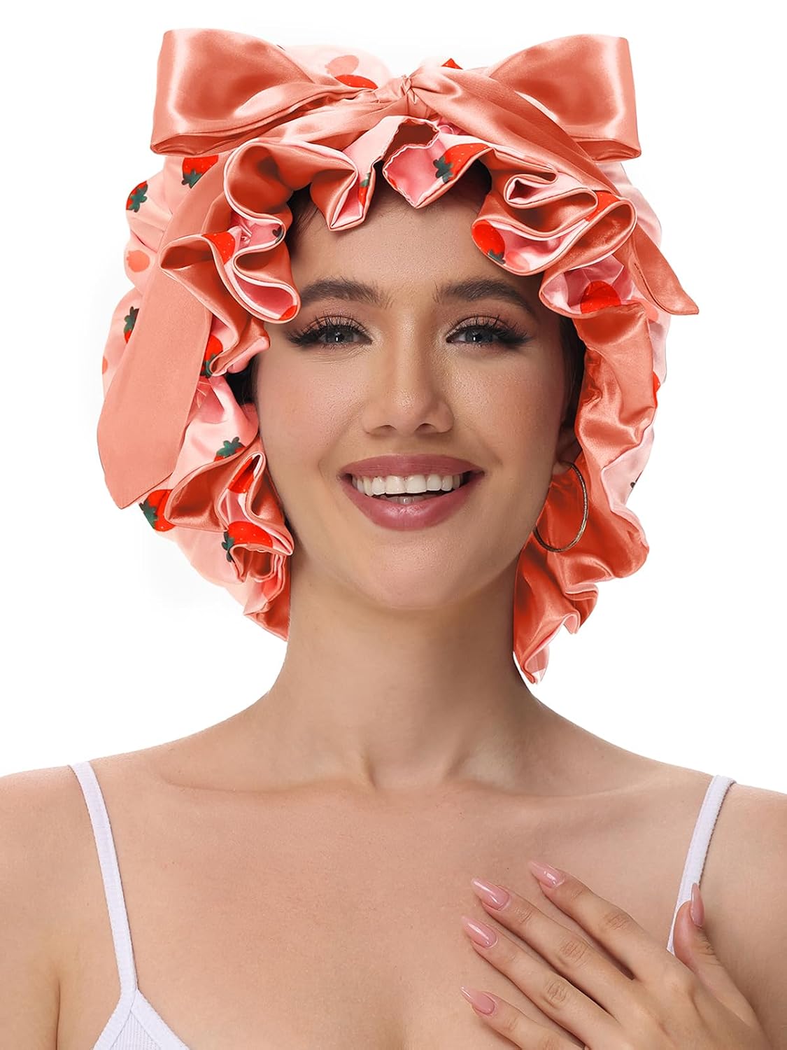 Silk Bonnet for Sleeping Women, Satin Hair Shower Cap 2025 Tie Band Adjustable Straps Head Wrap for Curly Hair Strawberries F