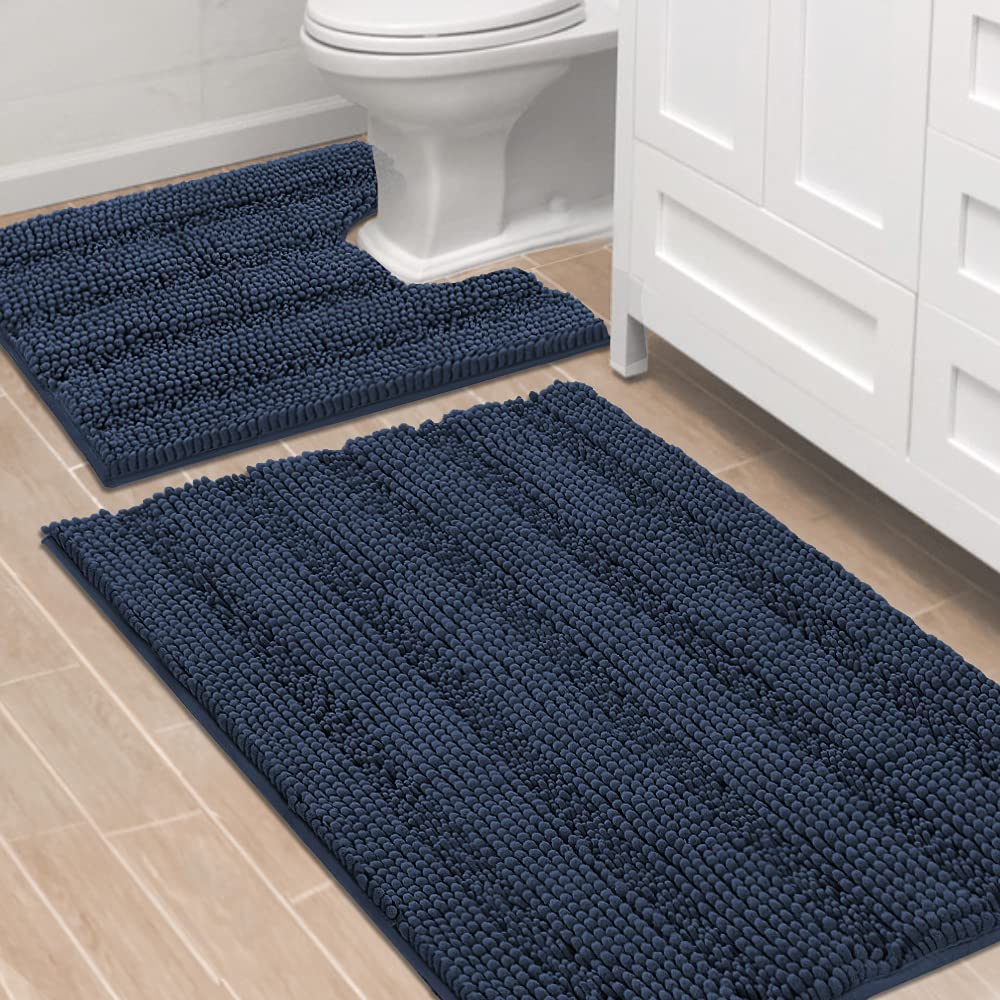 H.VERSAILTEX Grey Bathroom Rug Set Bath Mats, 2 Piece Bath Rugs Non Slip Thick Soft Chenille Striped Bath Rug Set, Bath Mats for Bathroom Sets (Grey, 20" x 32"/17" x 24")