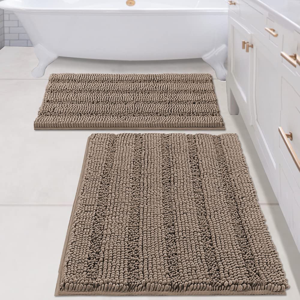H.VERSAILTEX Grey Bathroom Rug Set Bath Mats, 2 Piece Bath Rugs Non Slip Thick Soft Chenille Striped Bath Rug Set, Bath Mats for Bathroom Sets (Grey, 20" x 32"/17" x 24")