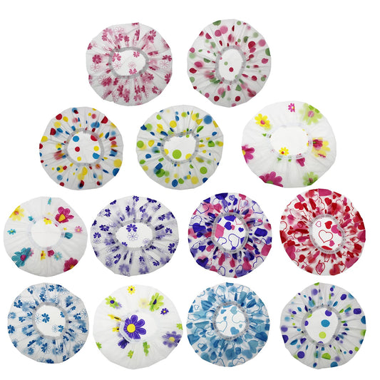LJY 13 Patterned EVA Shower Caps, Approx. 11 Inch for Home and Travel