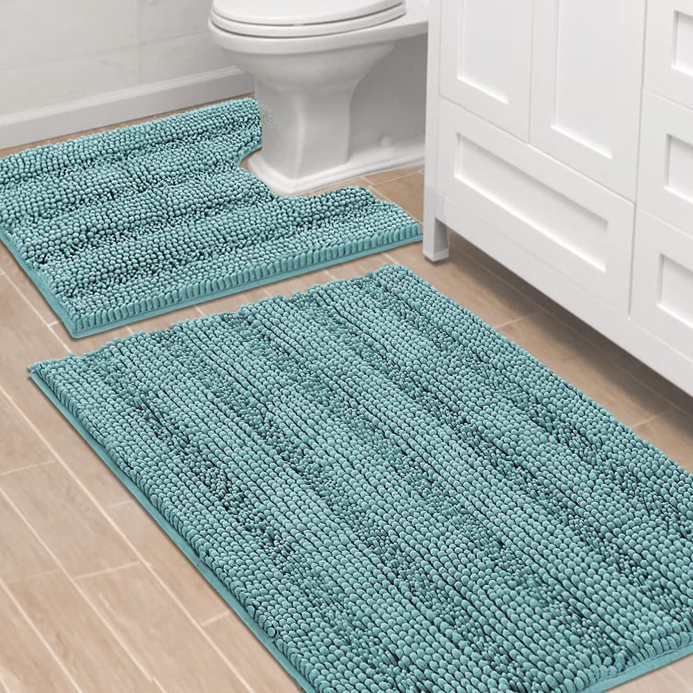H.VERSAILTEX Grey Bathroom Rug Set Bath Mats, 2 Piece Bath Rugs Non Slip Thick Soft Chenille Striped Bath Rug Set, Bath Mats for Bathroom Sets (Grey, 20" x 32"/17" x 24")