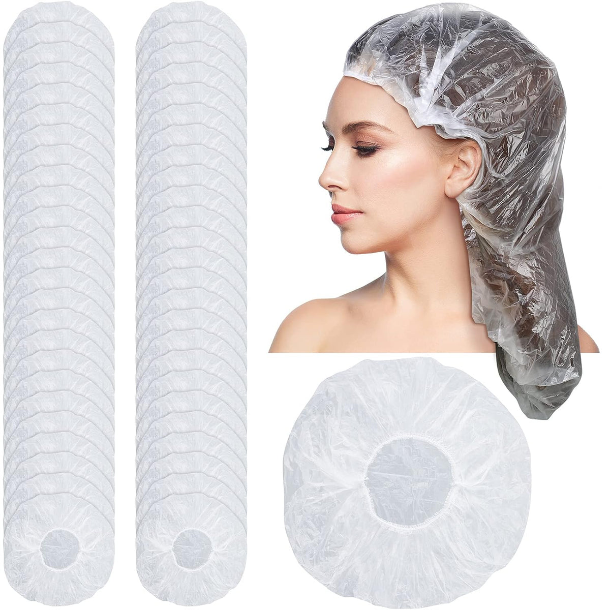 SATINIOR 50 Pcs Disposable Shower Cap Plastic Clear Large Bath Elastic Cap