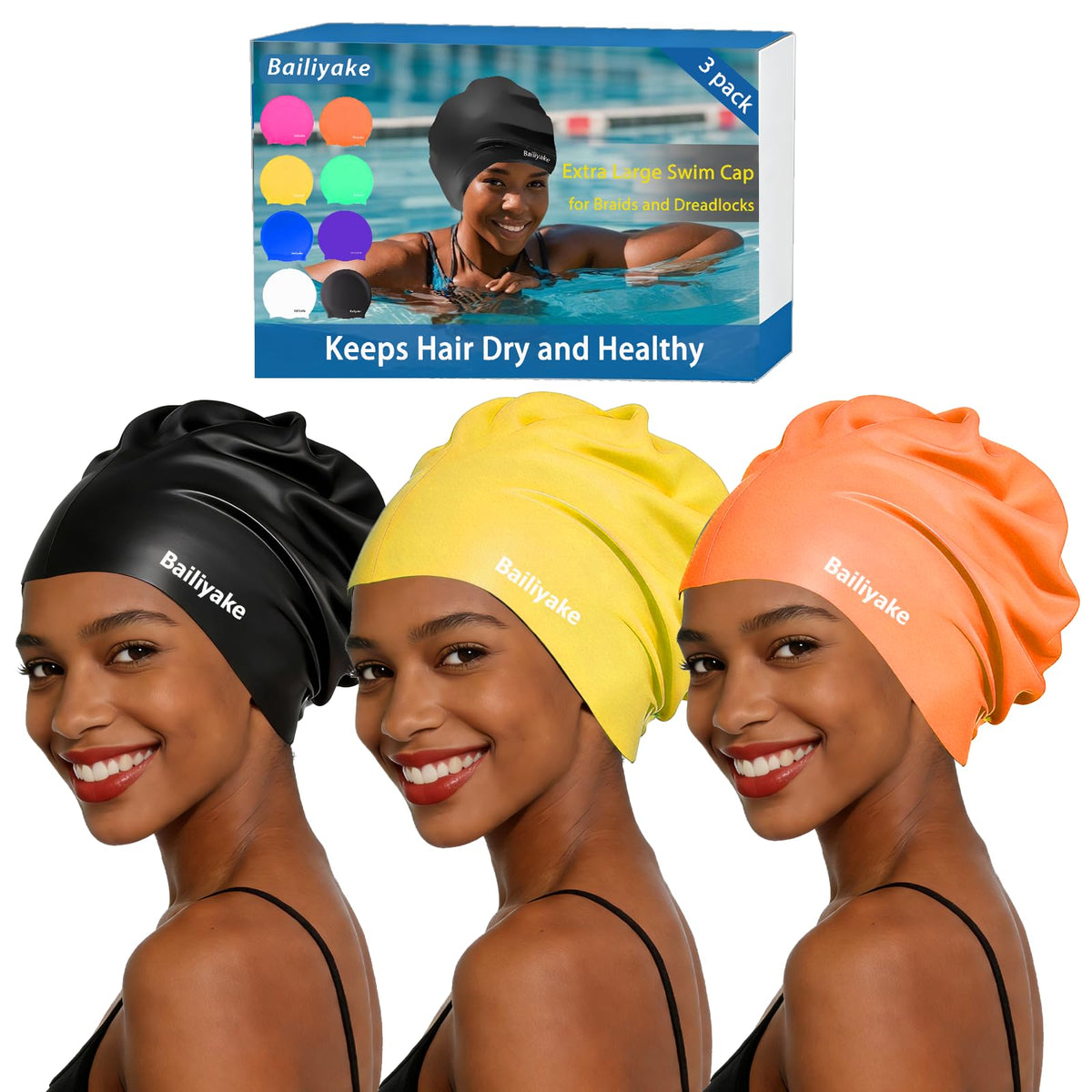 3 Pack Extra Large Swim Cap for Braids & Dreadlocks - Waterproof Silicone Swim Hat for Women with Long Thick Hair, Protective Swim Cap Cover Ears for Swimming, Shower, Bathing