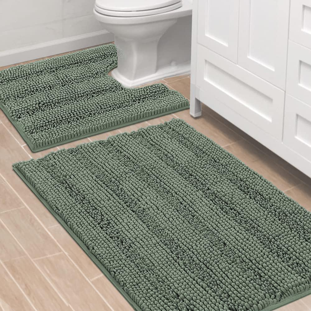 H.VERSAILTEX Grey Bathroom Rug Set Bath Mats, 2 Piece Bath Rugs Non Slip Thick Soft Chenille Striped Bath Rug Set, Bath Mats for Bathroom Sets (Grey, 20" x 32"/17" x 24")