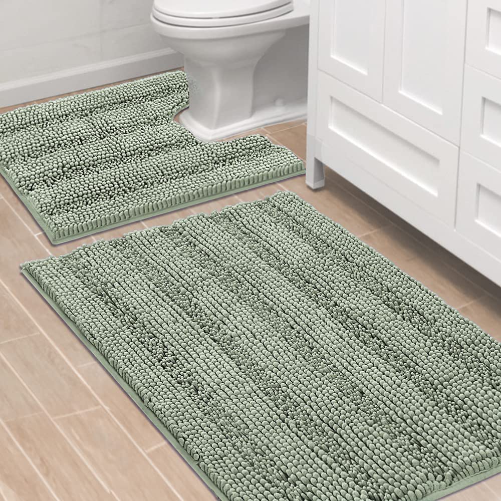H.VERSAILTEX Grey Bathroom Rug Set Bath Mats, 2 Piece Bath Rugs Non Slip Thick Soft Chenille Striped Bath Rug Set, Bath Mats for Bathroom Sets (Grey, 20" x 32"/17" x 24")