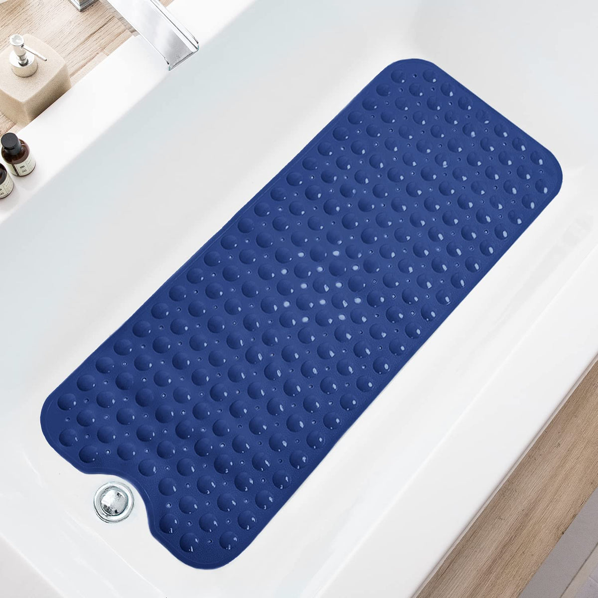 TEESHLY Bath Tub and Shower Mats, Non-Slip 39 x 16 Inch Extra Long Bathtub Mat, Machine Washable BathMat with Drain Holes, Suction Cups for Bathroom (Opaque White)