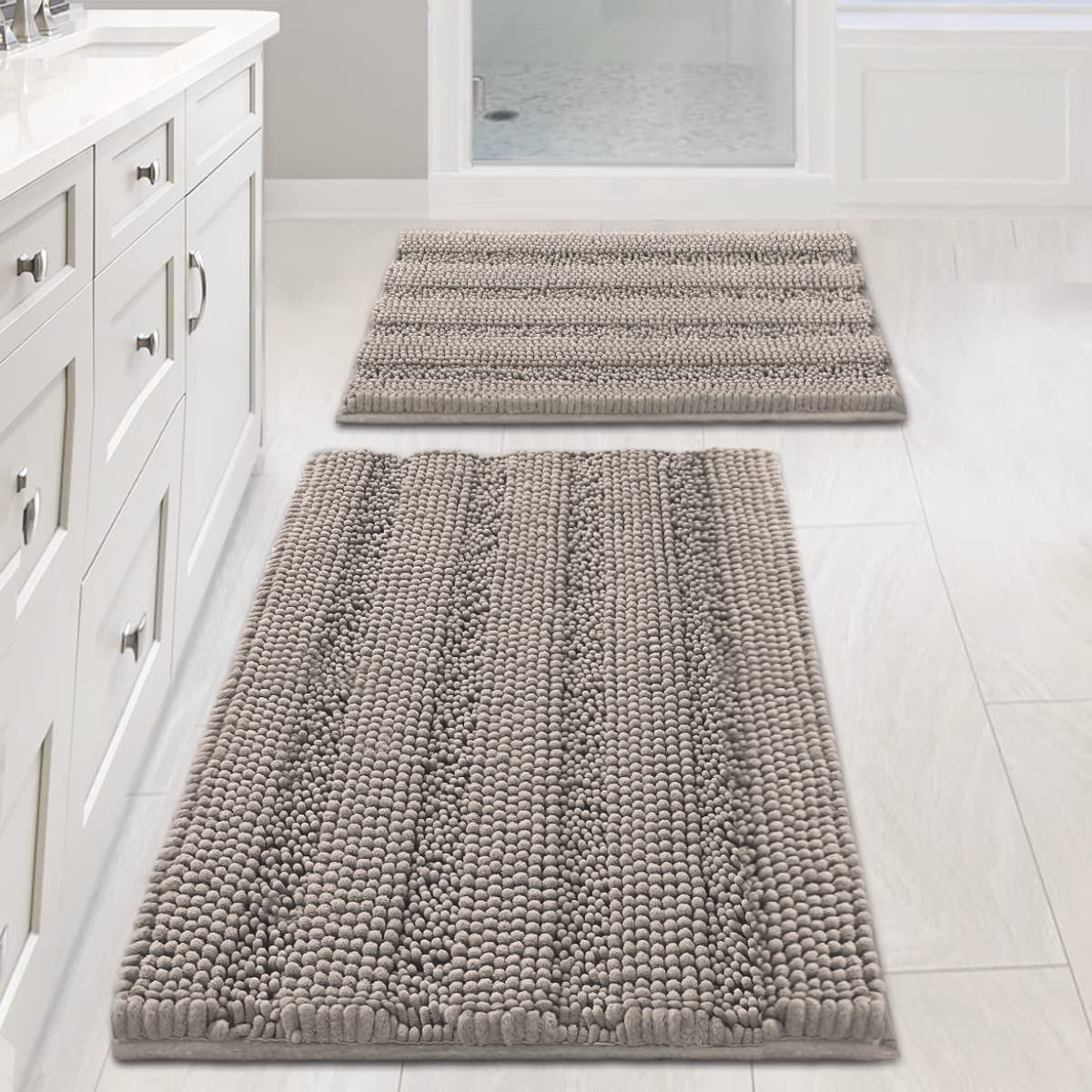 H.VERSAILTEX Grey Bathroom Rug Set Bath Mats, 2 Piece Bath Rugs Non Slip Thick Soft Chenille Striped Bath Rug Set, Bath Mats for Bathroom Sets (Grey, 20" x 32"/17" x 24")