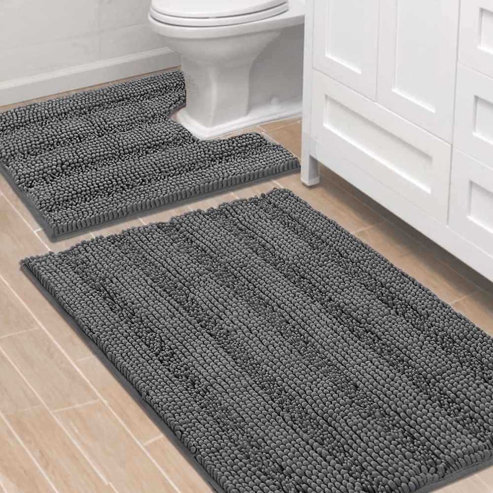 H.VERSAILTEX Grey Bathroom Rug Set Bath Mats, 2 Piece Bath Rugs Non Slip Thick Soft Chenille Striped Bath Rug Set, Bath Mats for Bathroom Sets (Grey, 20" x 32"/17" x 24")