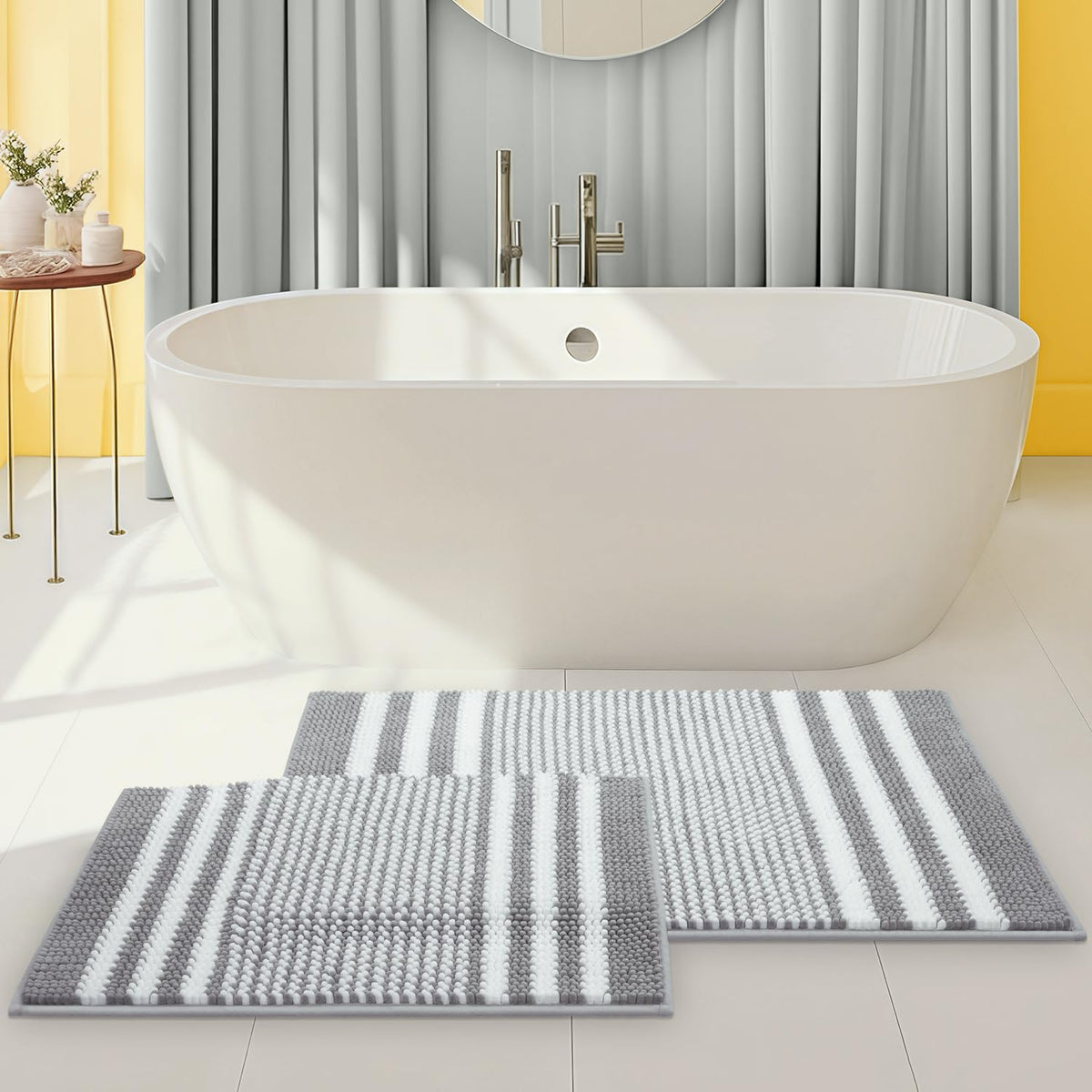 BSICPRO Bathroom Rugs Sets 2 Piece, Non Slip Striped Bath Mats, Fog Blue