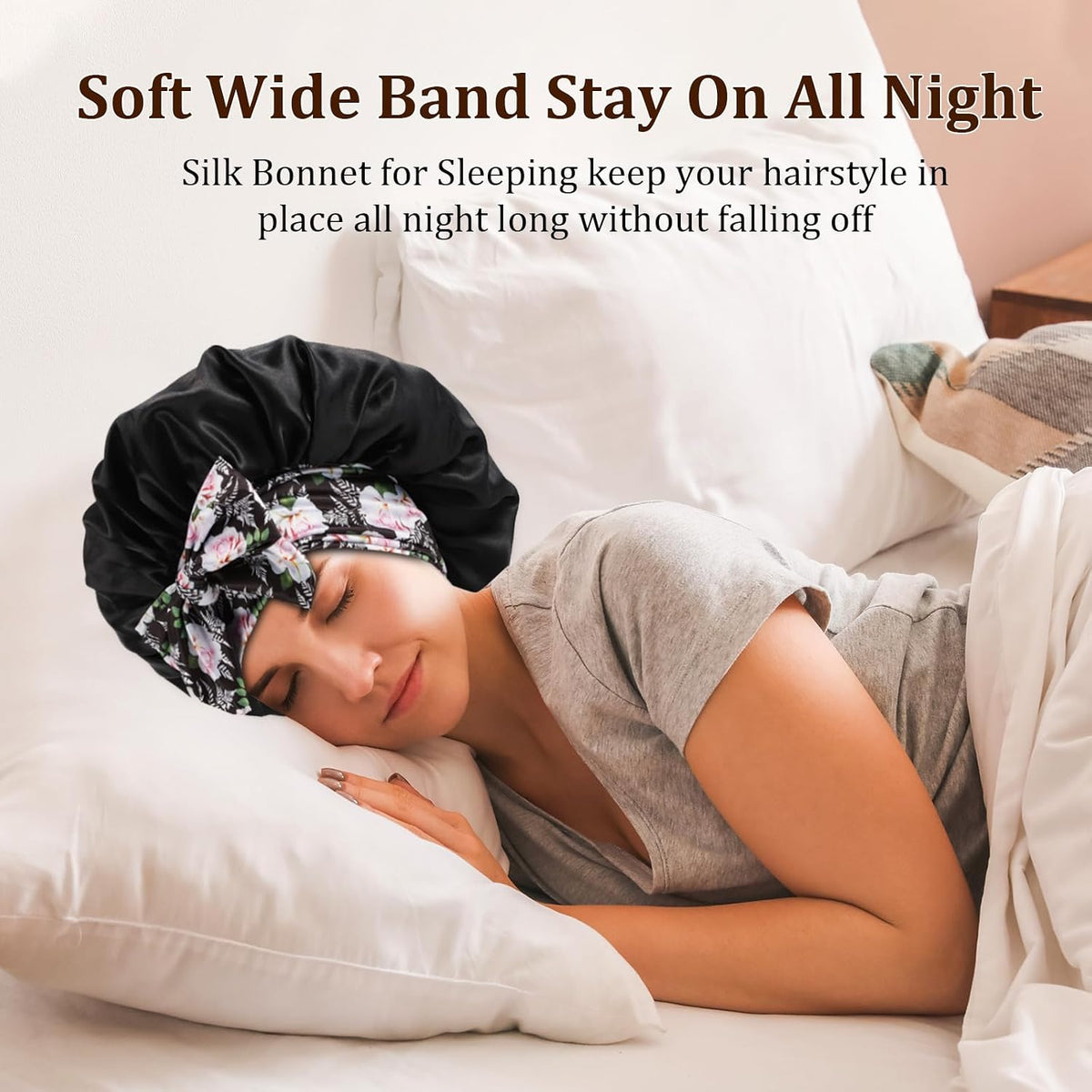 2Pcs Satin Bonnet with Tie Band for Sleeping, Champagne Gold+Black
