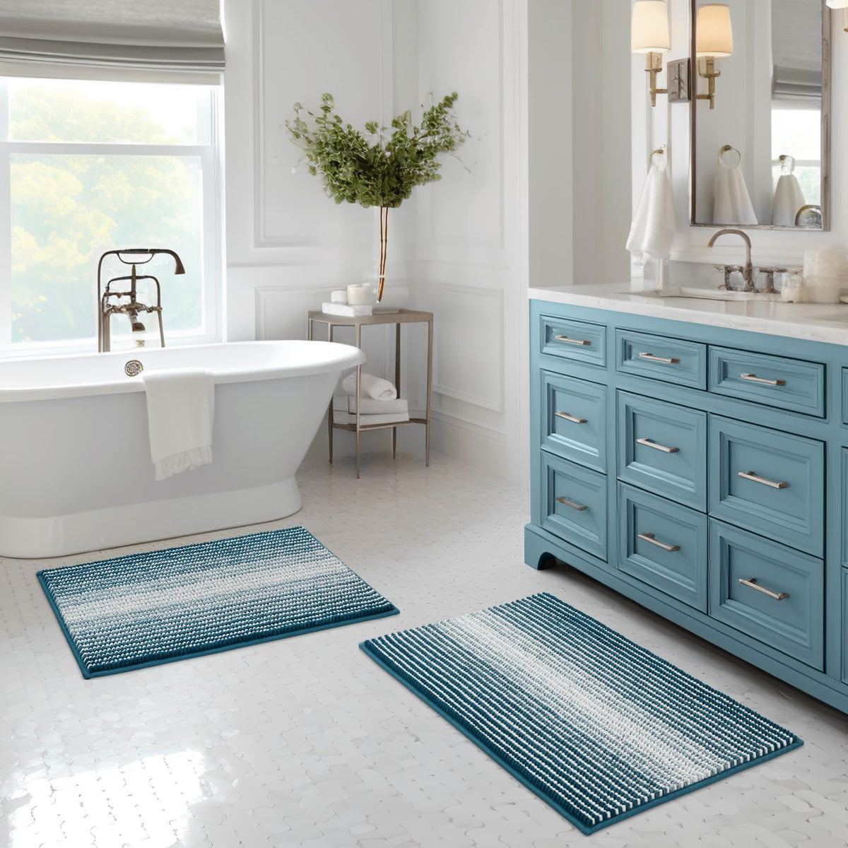 BSICPRO Bathroom Rugs Sets 2 Piece, Non Slip Striped Bath Mats, Fog Blue