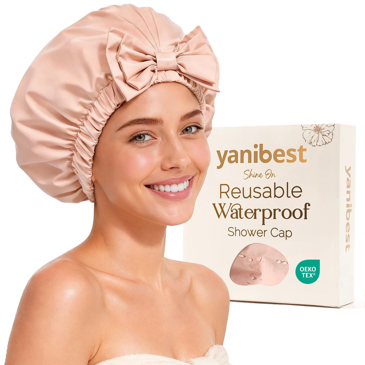 Yanibest Shower Cap Reusable Waterproof, Wide Elastic Band Bath Cap
