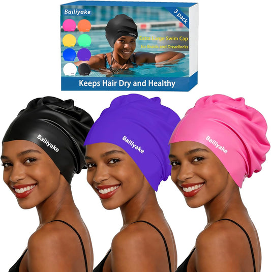 3 Pack Extra Large Swim Cap for Braids & Dreadlocks - Waterproof Silicone Swim Hat for Women with Long Thick Hair, Protective Swim Cap Cover Ears for Swimming, Shower, Bathing