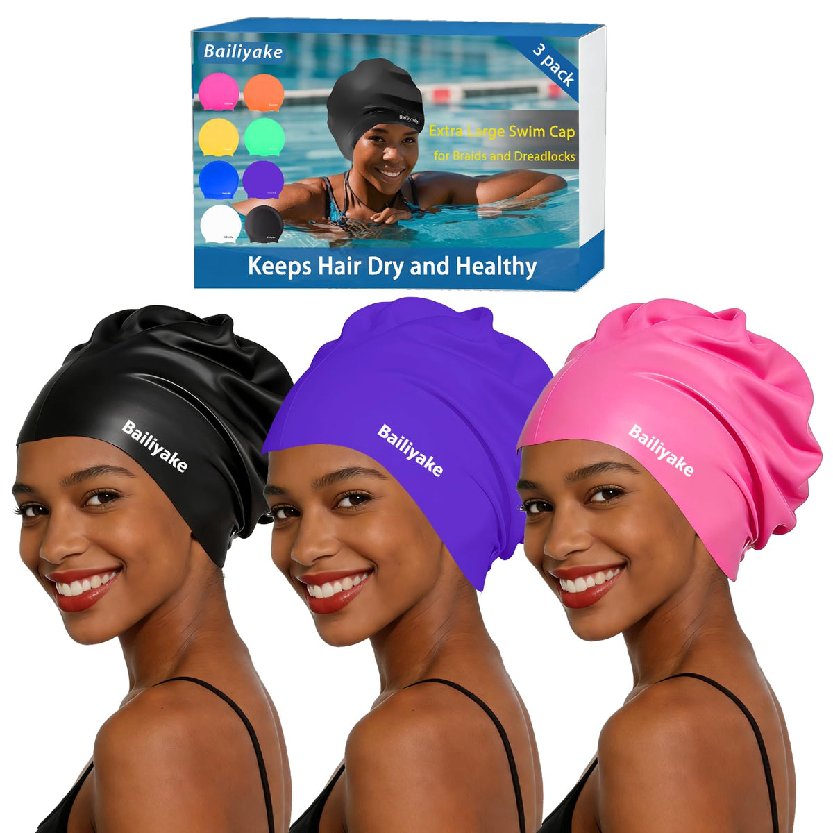 3 Pack Extra Large Swim Cap for Braids & Dreadlocks - Waterproof Silicone Swim Hat for Women with Long Thick Hair, Protective Swim Cap Cover Ears for Swimming, Shower, Bathing