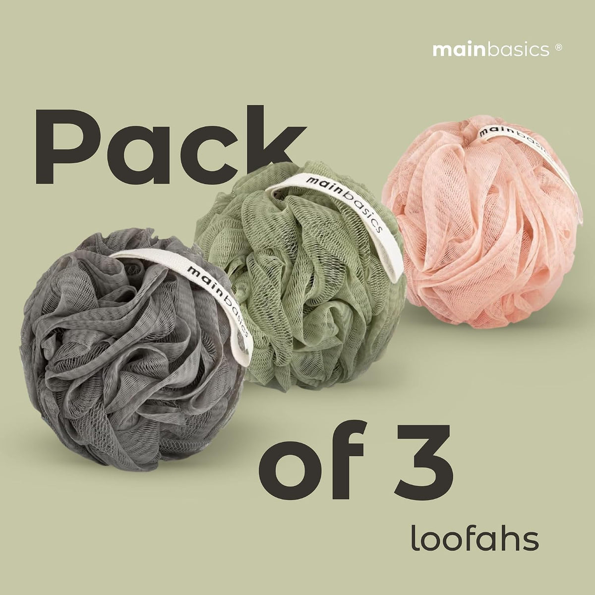 MainBasics Shower Loofah Sponge Pouf, Set of 3, Earthy Love