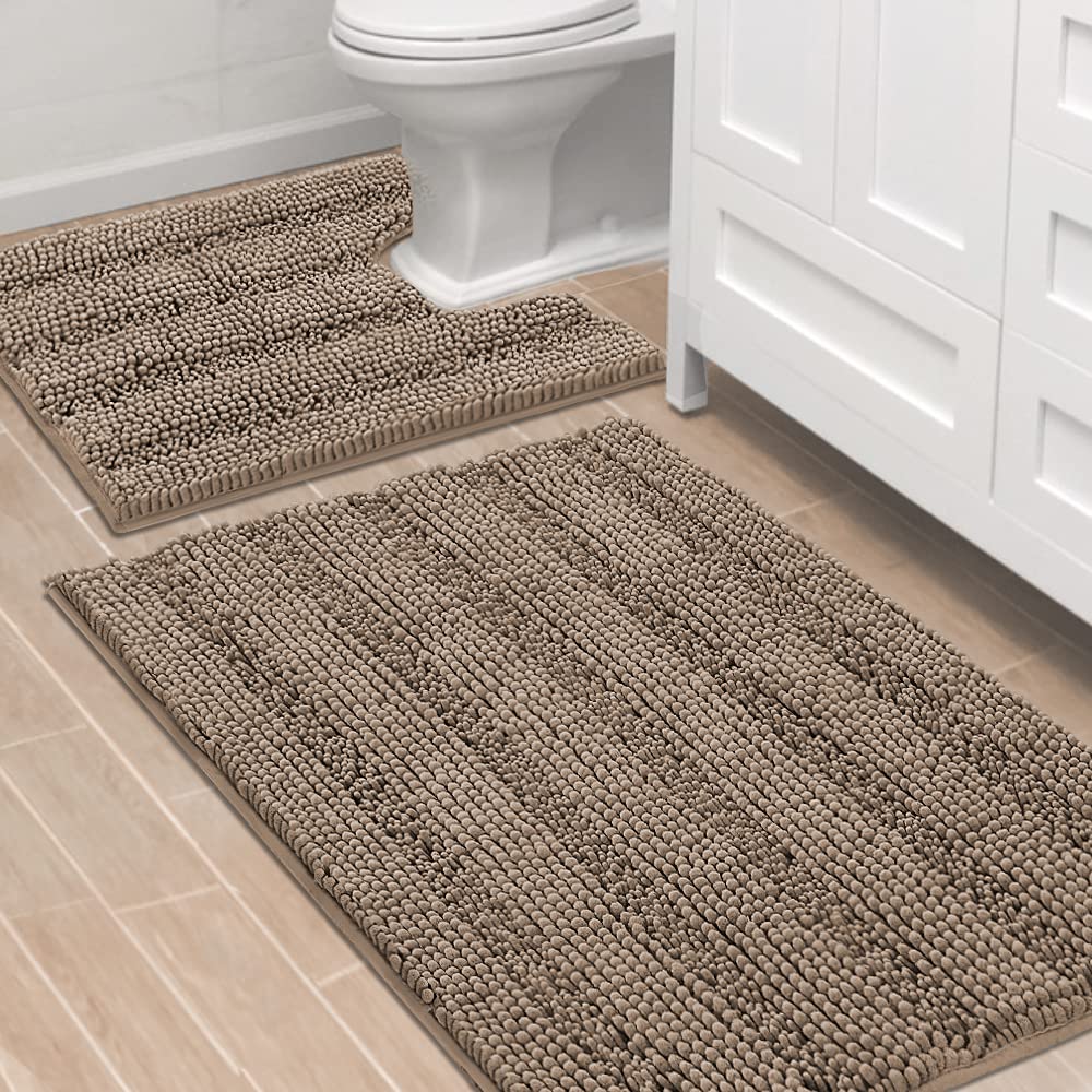 H.VERSAILTEX Grey Bathroom Rug Set Bath Mats, 2 Piece Bath Rugs Non Slip Thick Soft Chenille Striped Bath Rug Set, Bath Mats for Bathroom Sets (Grey, 20" x 32"/17" x 24")