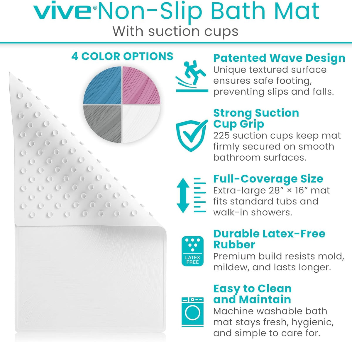 Vive Non-Slip Bath Mat with Suction Cups - 28" x 16" Extra Large Rubber Mat