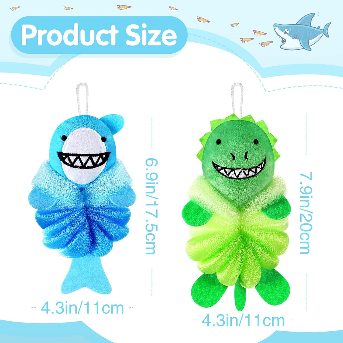 Nuenen 2 Pcs Kids Bath Loofahs, Shark, Monster