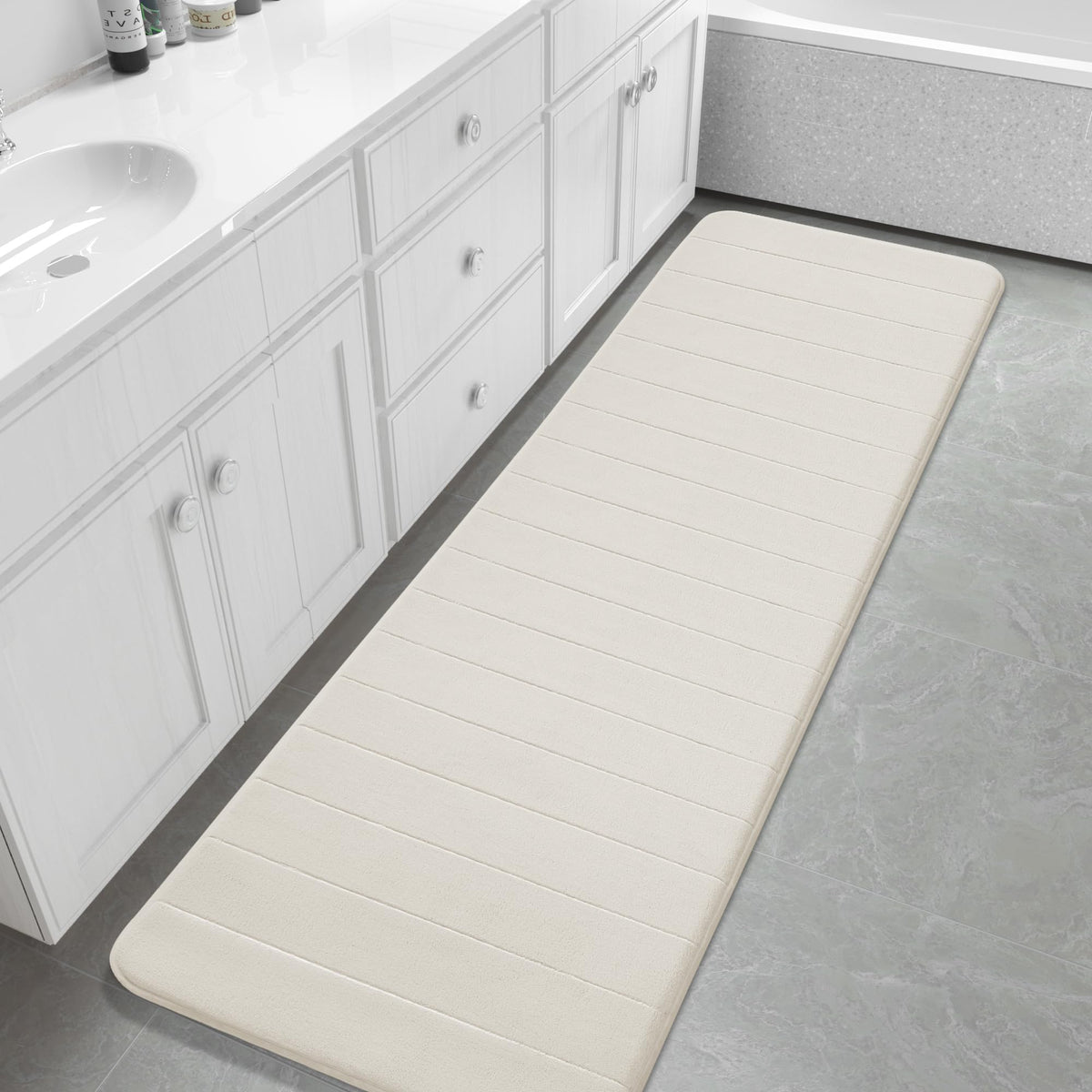 Yimobra Memory Foam Bath Mat, Super Soft Absorbent Bathroom Rug Non Slip 31.5x20 Inch, Quick Dry, Machine Washable Floor Carpet for Tub Shower, Home Decor Accessories, Beige