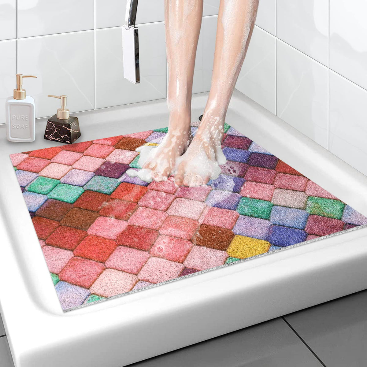 Shower Mat Non-Slip, Soft Comfort Bath Mat with Drainage Holes, PVC Loofah Massage Bathtub Mat for Shower, Tub, Bathroom, Wet Areas, Quick Drying