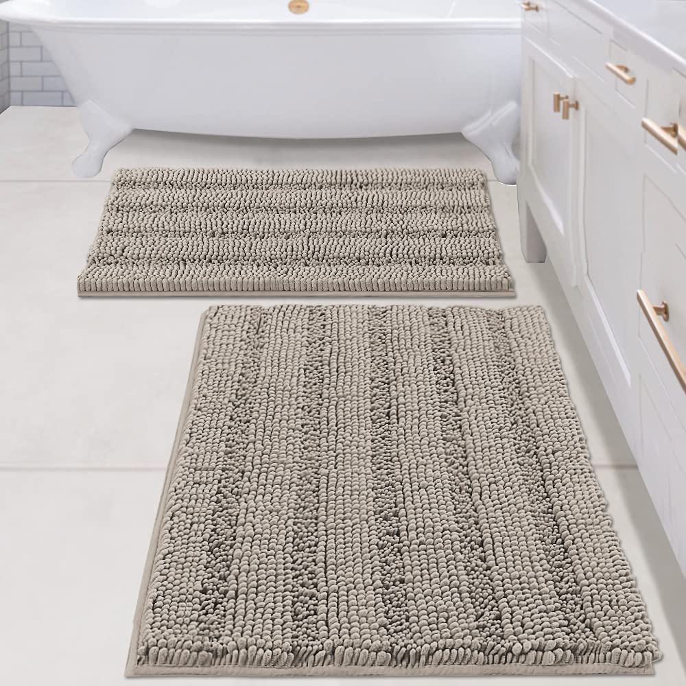 H.VERSAILTEX Grey Bathroom Rug Set Bath Mats, 2 Piece Bath Rugs Non Slip Thick Soft Chenille Striped Bath Rug Set, Bath Mats for Bathroom Sets (Grey, 20" x 32"/17" x 24")