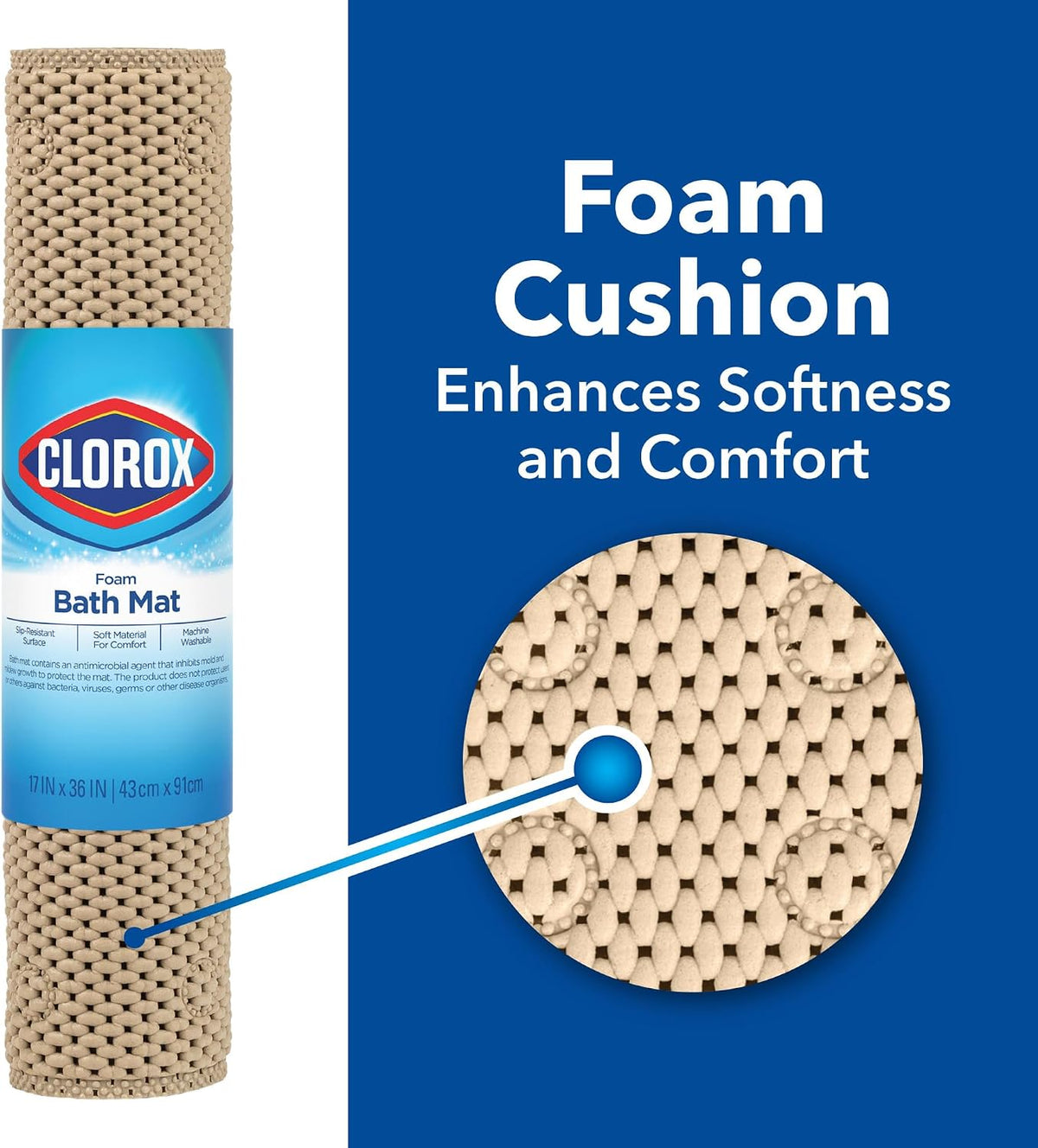 Clorox by Duck Cushioned Foam Bath Mat for Tubs, 17 In. x 36 In, White