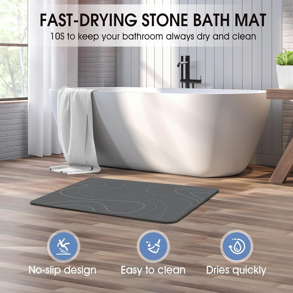 VEELOIM Stone Bath Mat, Diatomaceous Earth Bath Mat, Shower Mat Grey