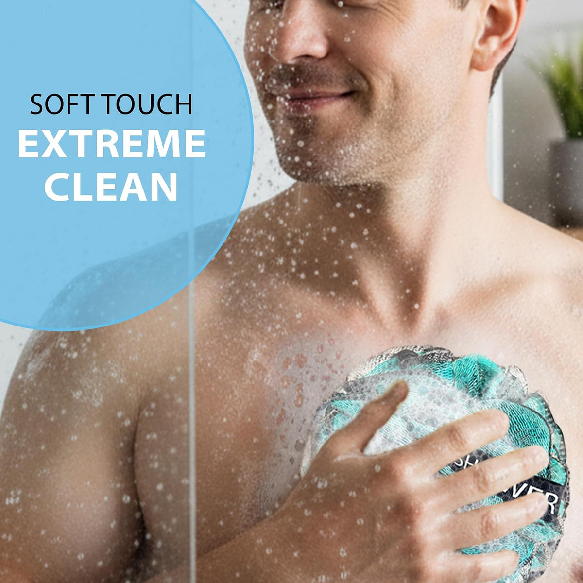 SHOWER BOUQUET Loofah-Charcoal Bath-Sponge XL-4-Pack-Blue-Green Extra Large