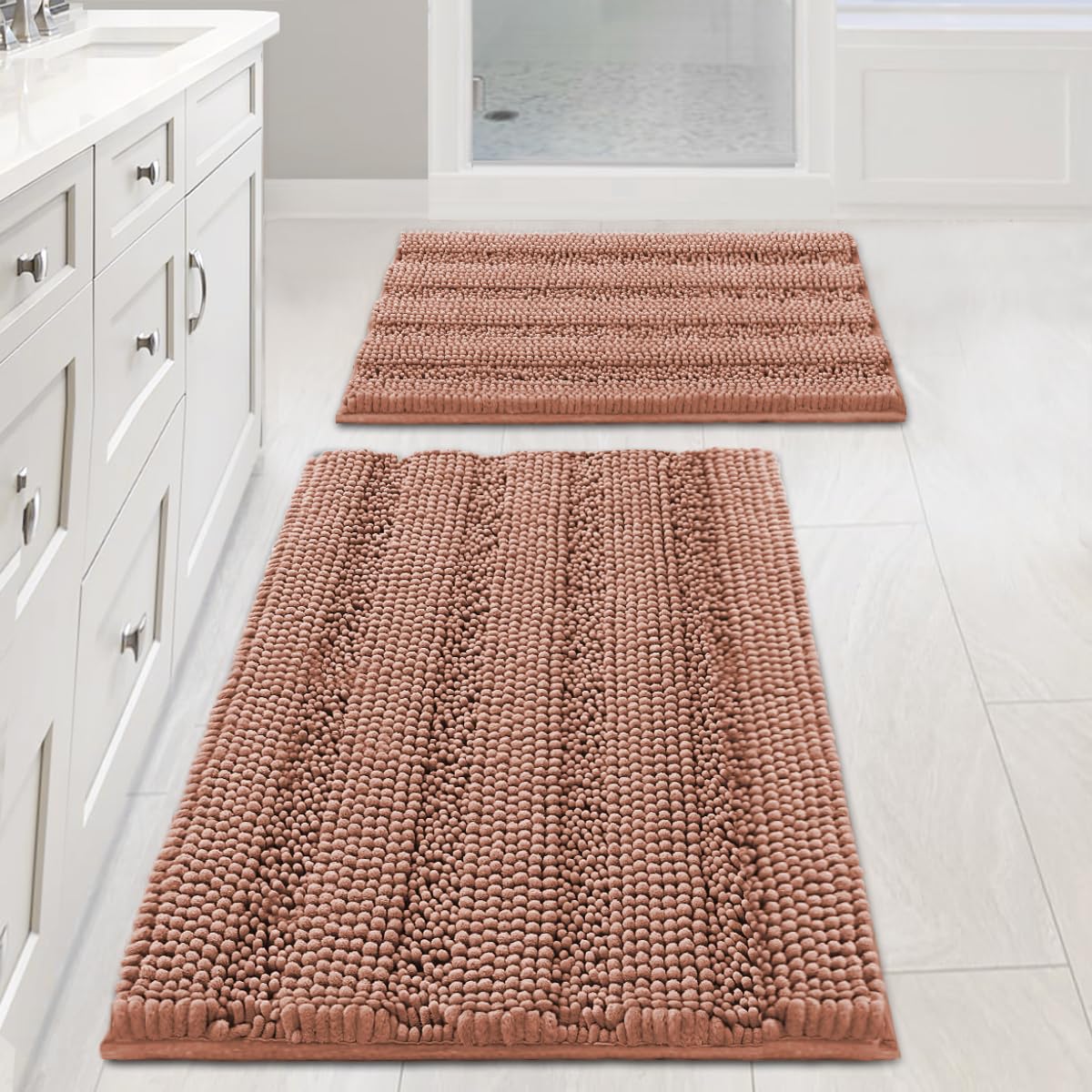 H.VERSAILTEX Grey Bathroom Rug Set Bath Mats, 2 Piece Bath Rugs Non Slip Thick Soft Chenille Striped Bath Rug Set, Bath Mats for Bathroom Sets (Grey, 20" x 32"/17" x 24")