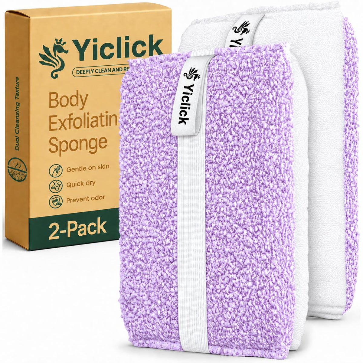 Yiclick Exfoliating Body Scrubber (2 Pack), Body Scrubber Exfoliator, Exfoliating Sponge for Shower Bath, Shower Loofah Luffa Lufa with Handle for Men Women, Dead Skin Exfoliator for Body Scrub