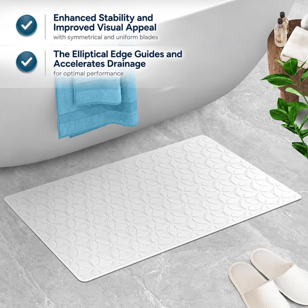 Non-Slip Rubber Bathtub Mat with Suction Cups, 16 × 28 Inch (White)