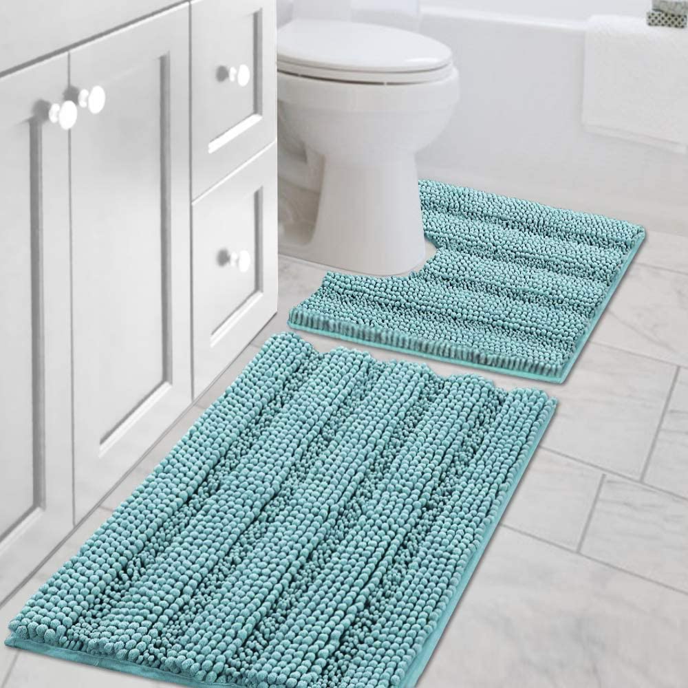 H.VERSAILTEX Grey Bathroom Rug Set Bath Mats, 2 Piece Bath Rugs Non Slip Thick Soft Chenille Striped Bath Rug Set, Bath Mats for Bathroom Sets (Grey, 20" x 32"/17" x 24")