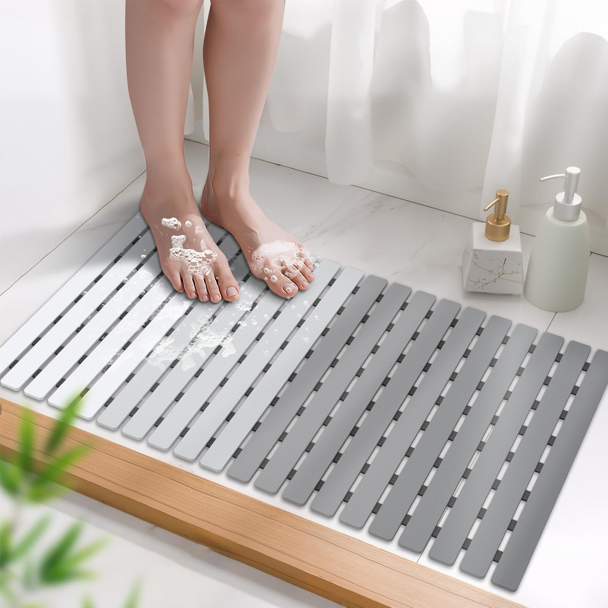 MBOSS Bath Tub Shower Mat Non Slip Bathtub Mats for Bathroom Shower Floor Mat Bath Mats for Shower Tub Anti Slip Shower Mat with Drain Hole and Large Suction Cups (Black, 27.5 X 15.7 Inch)