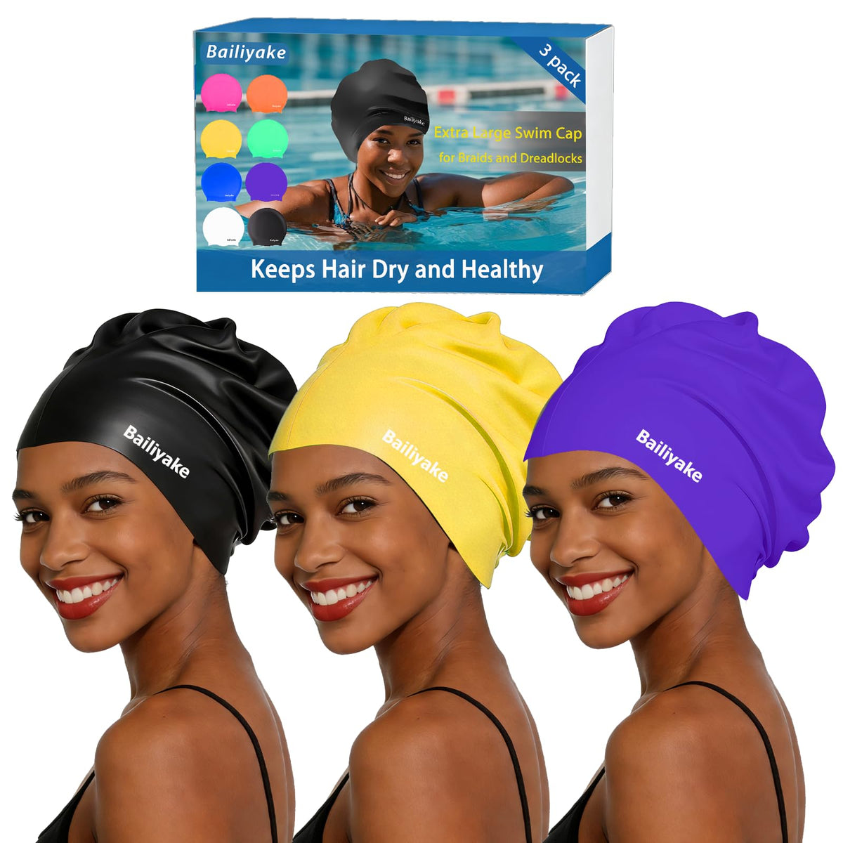 3 Pack Extra Large Swim Cap for Braids & Dreadlocks - Waterproof Silicone Swim Hat for Women with Long Thick Hair, Protective Swim Cap Cover Ears for Swimming, Shower, Bathing