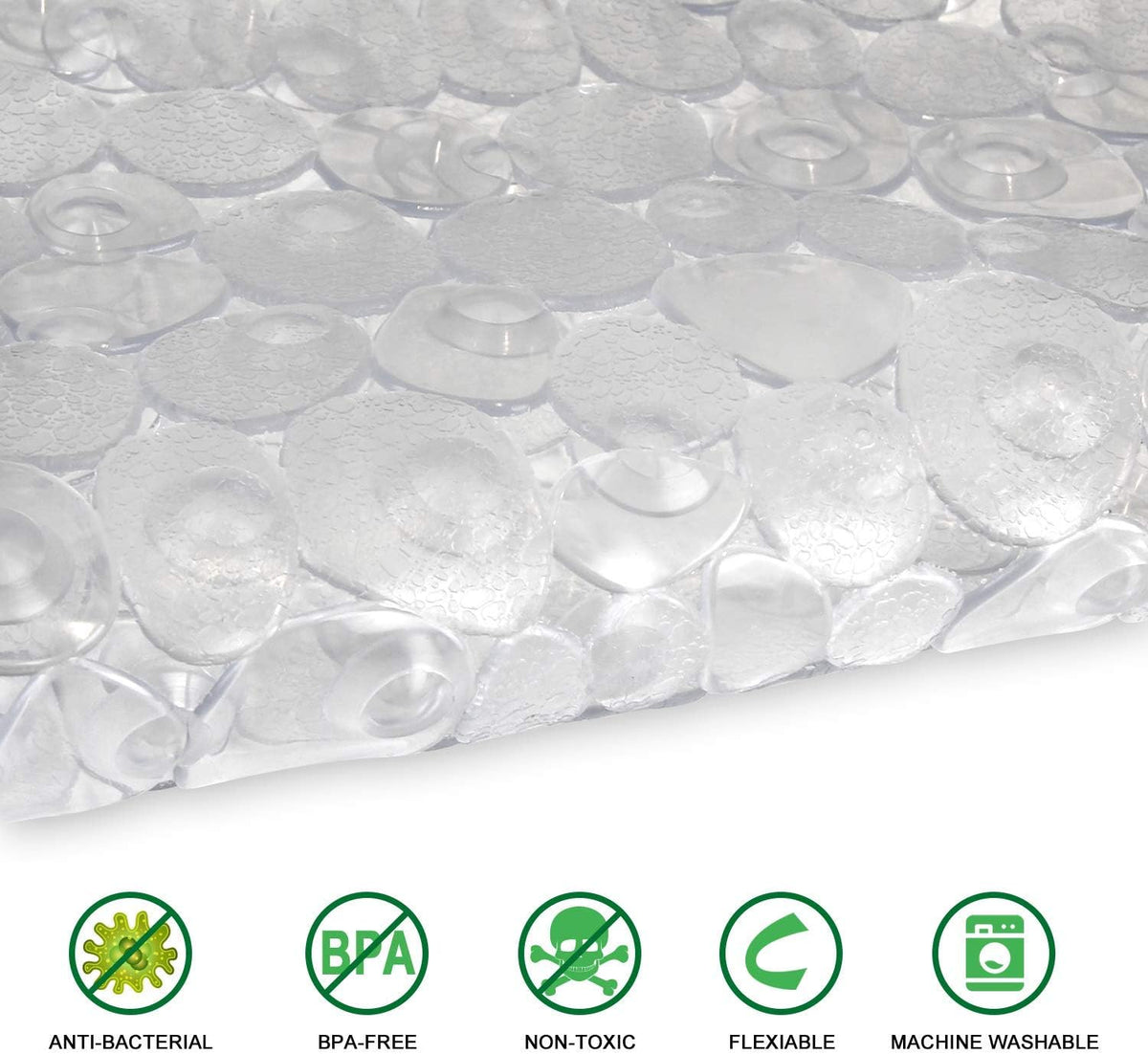 WELTRXE Pebbles Bath Mat Clear Non-Slip Bathtub Mat with Suction Cups, Drain Holes for Bathroom Showers, Tub, Machine Washable, BPA, Latex Free Safe Shower Mats, Oval 27 x 14 Inch