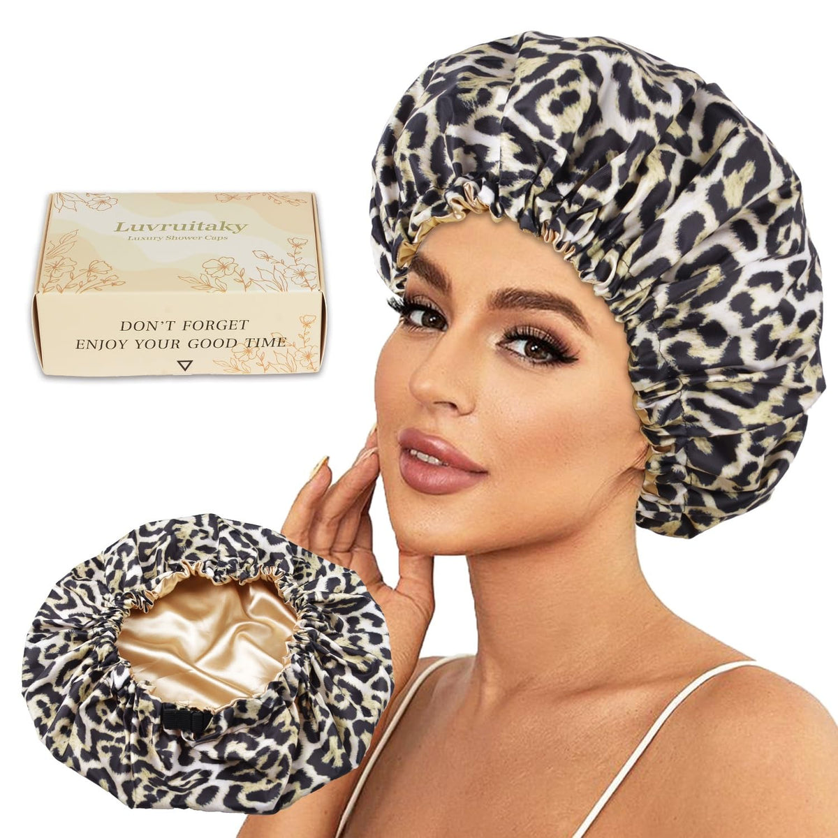 2Pcs Shower Caps for Women Shower Cap Reusable Waterproof Hair Cap for Shower with Adjustable Bowknot Luxury Bath Cap for Women (Black Dot & Pink Dot)