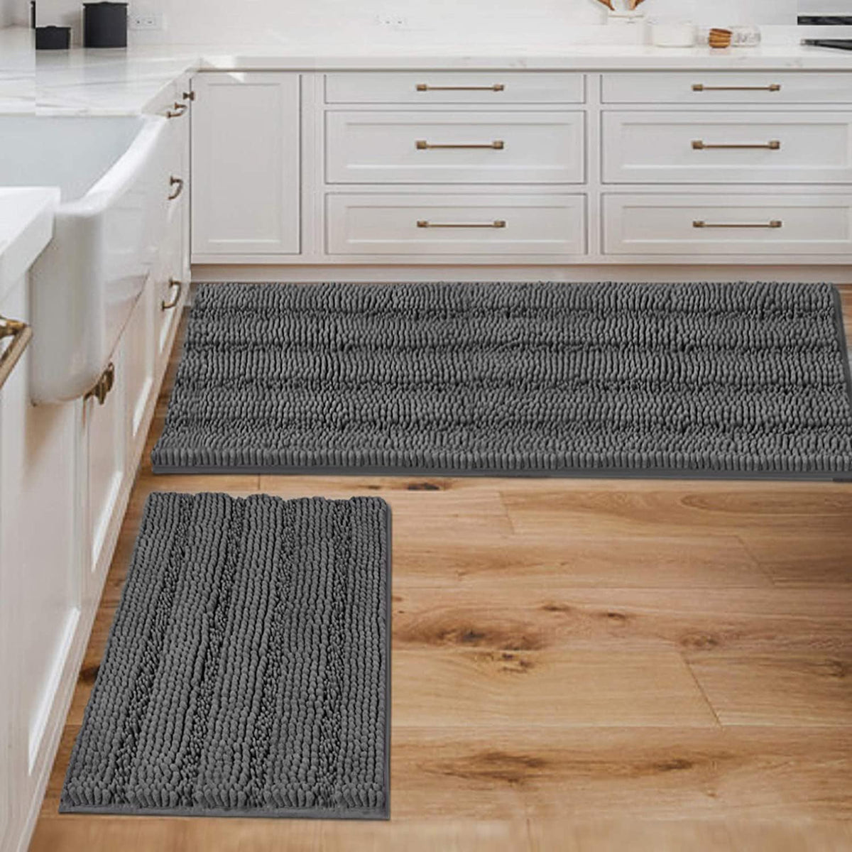 H.VERSAILTEX Grey Bathroom Rug Set Bath Mats, 2 Piece Bath Rugs Non Slip Thick Soft Chenille Striped Bath Rug Set, Bath Mats for Bathroom Sets (Grey, 20" x 32"/17" x 24")