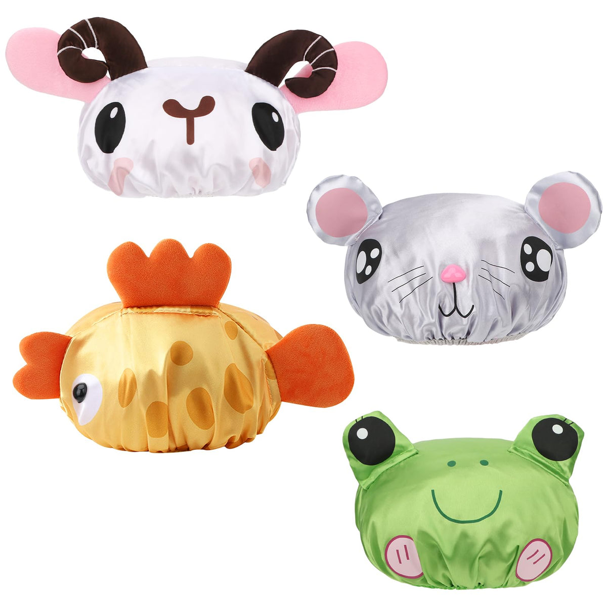 kilofly 4pc Fun Cute Animal Shower Caps for Kids Reusable Waterproof Bath Hat Set