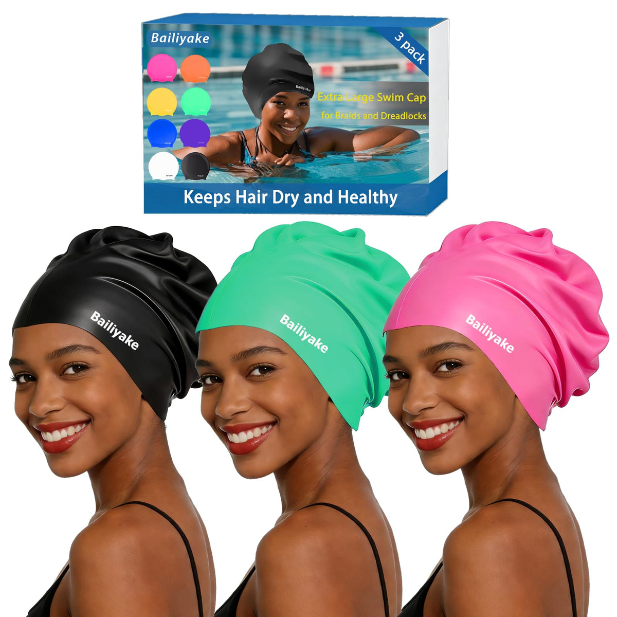3 Pack Extra Large Swim Cap for Braids & Dreadlocks - Waterproof Silicone Swim Hat for Women with Long Thick Hair, Protective Swim Cap Cover Ears for Swimming, Shower, Bathing