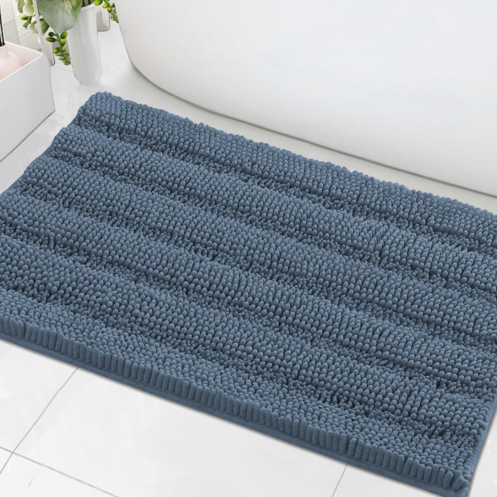 H.VERSAILTEX Grey Bathroom Rug Set Bath Mats, 2 Piece Bath Rugs Non Slip Thick Soft Chenille Striped Bath Rug Set, Bath Mats for Bathroom Sets (Grey, 20" x 32"/17" x 24")