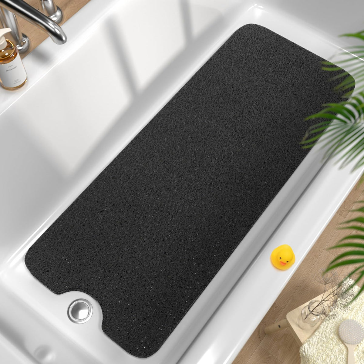 HITSLAM Non Slip Bathtub Mat 40 x 16 Inch, Extra Long Bath Mat for Tub, Soft PVC Loofah Shower Floor Mat with Drain, Quick Drying Bathroom Tub Mat for Wet Area, Without Suction Cup, Grey