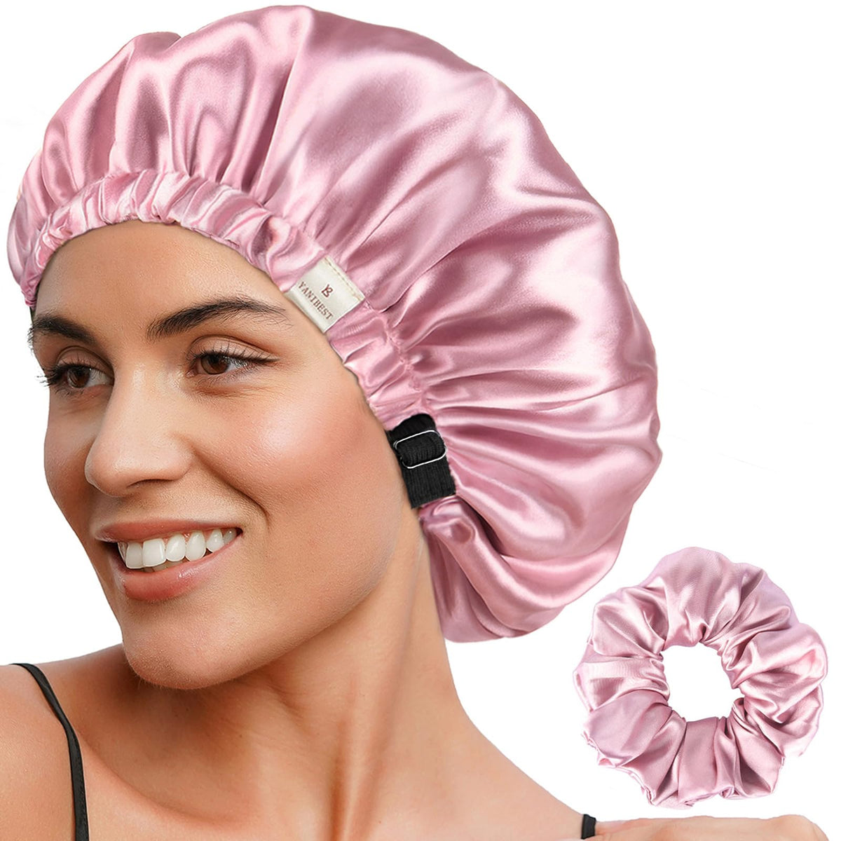 YANIBEST Adjustable Satin Bonnet Double Layer Hair Bonnet for Sleeping Bonnets for Women Hats Curly Natural Hair, Blush Pink