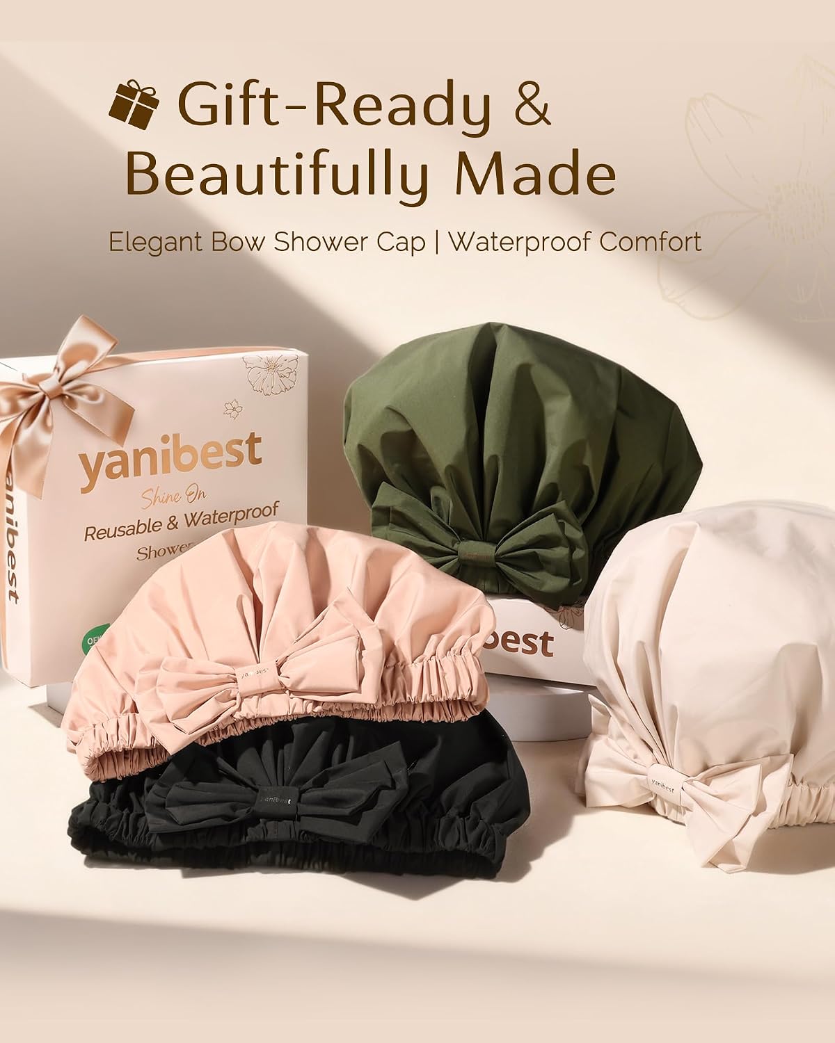 Yanibest Shower Cap Reusable Waterproof, Wide Elastic Band Bath Cap
